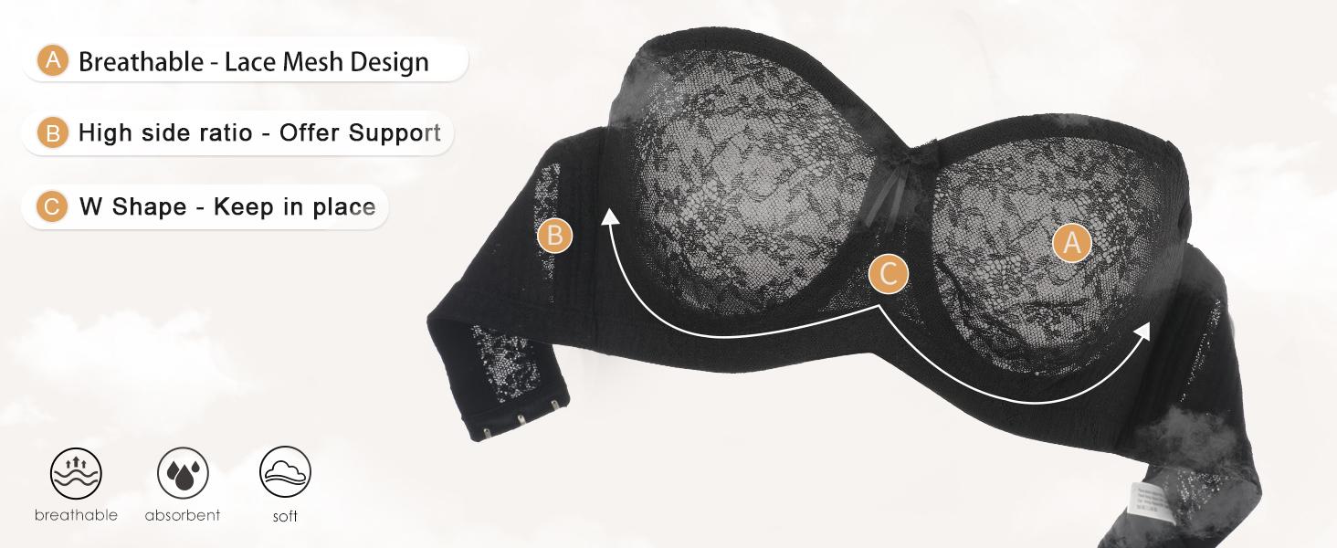 WMBras Bella Women's AirEase Strapless Strapless Bandeau Bras Non Slip Bras Push up Underwire Unlined Bras Supportive Tube Top Bras