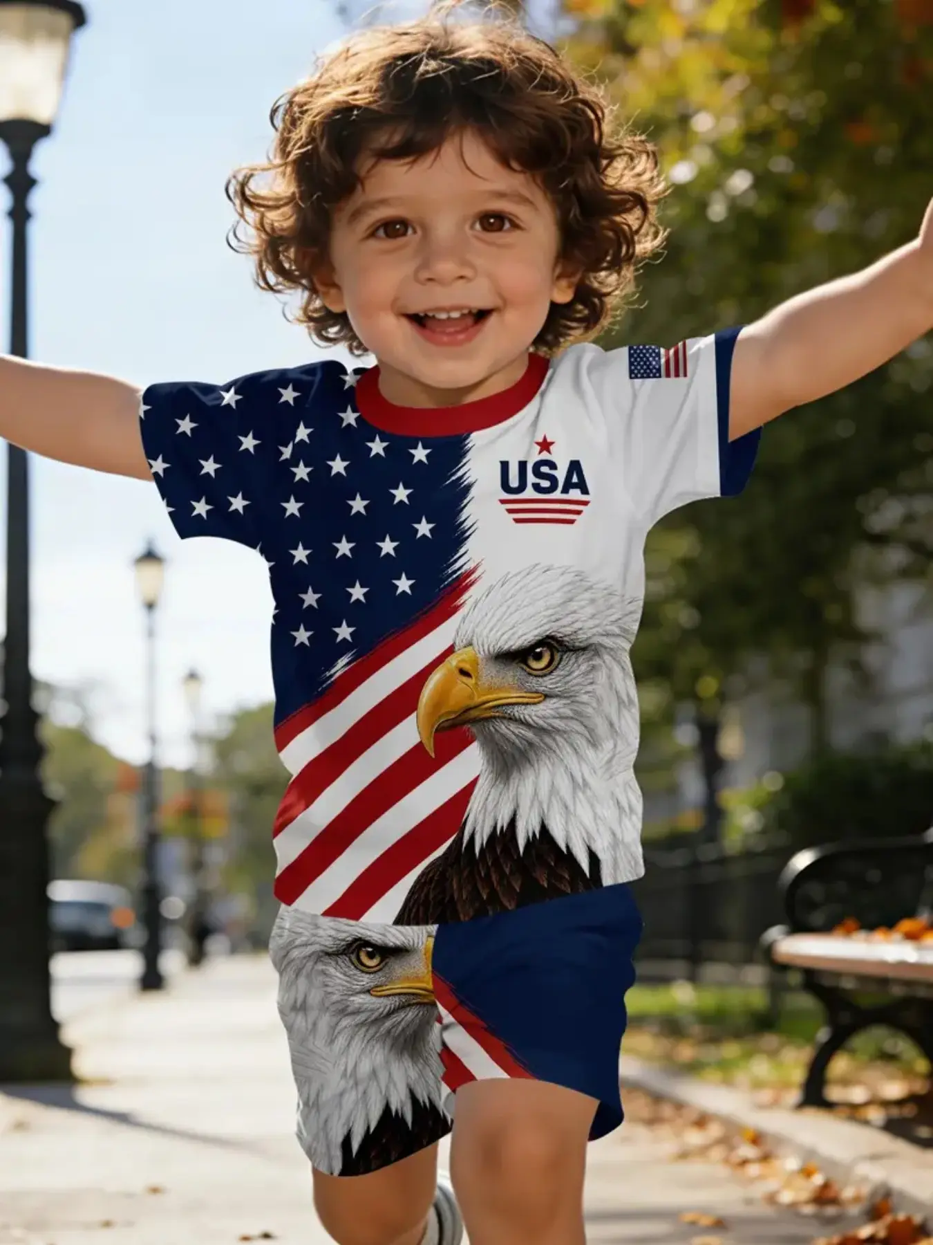 American Flag Bald Eagle Print Kids Set, Boy Independence Day Summer Clothing Set Short Sleeve Shorts Two-Piece, Casual Slim-Fitting Graphic Clothing Clothes Kids