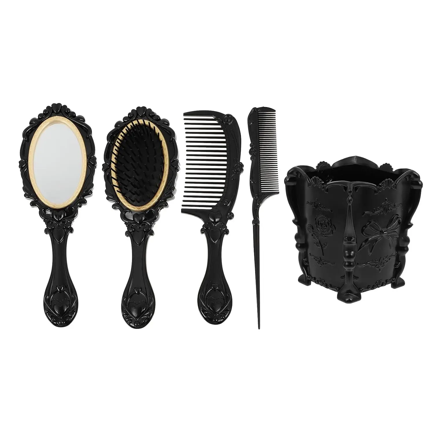 5pcs Vanity Set - Antique Comb and Mirror Holder, Vintage Dresser Hair Comb Wet and Dry Dressing, Plastic Combs