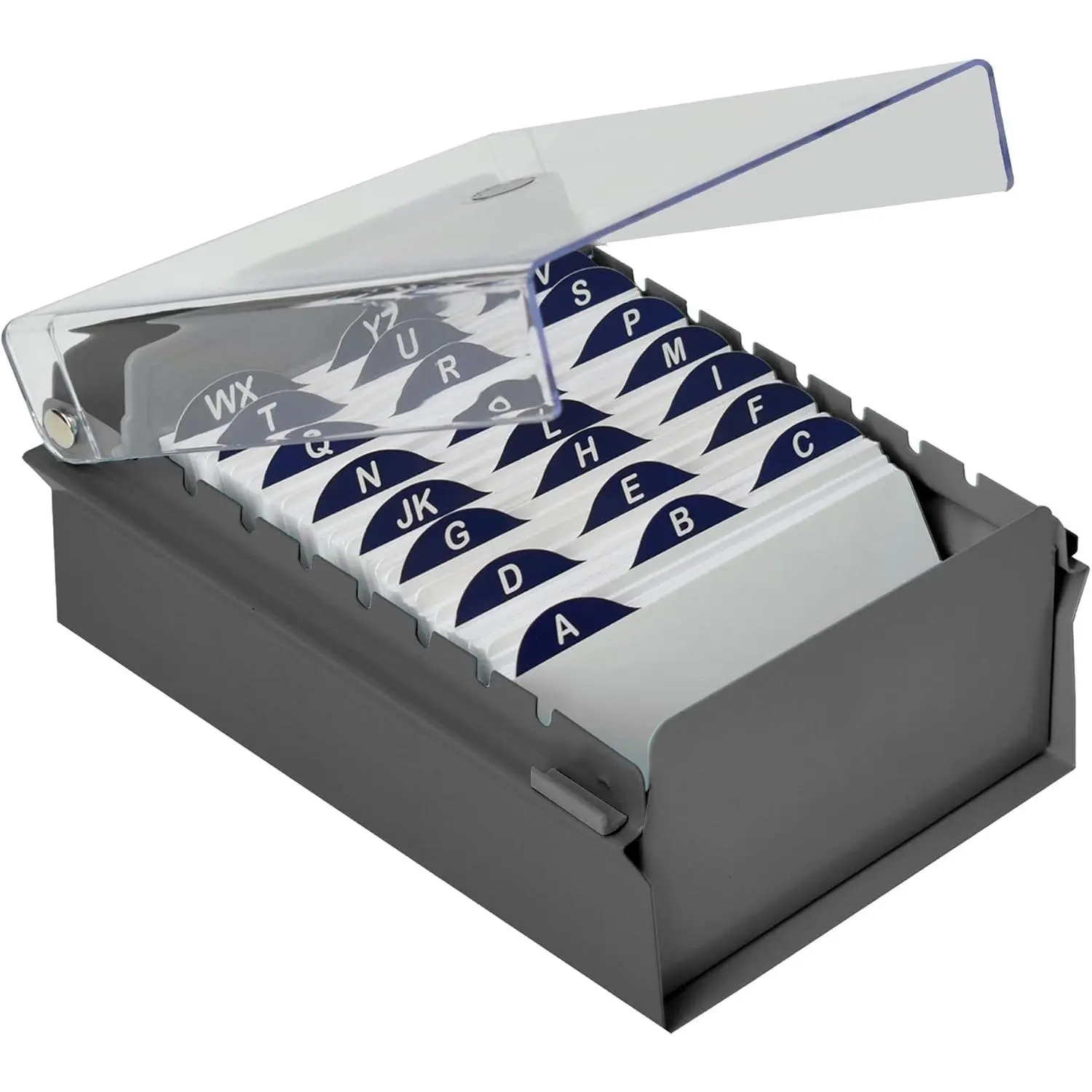 3 x 5 Heavy Duty Card File Holder Organizer Box with Metal Base, AZ Index Cards and Divider Included, Gray Color with Clear Crystal Plastic Lid Cover