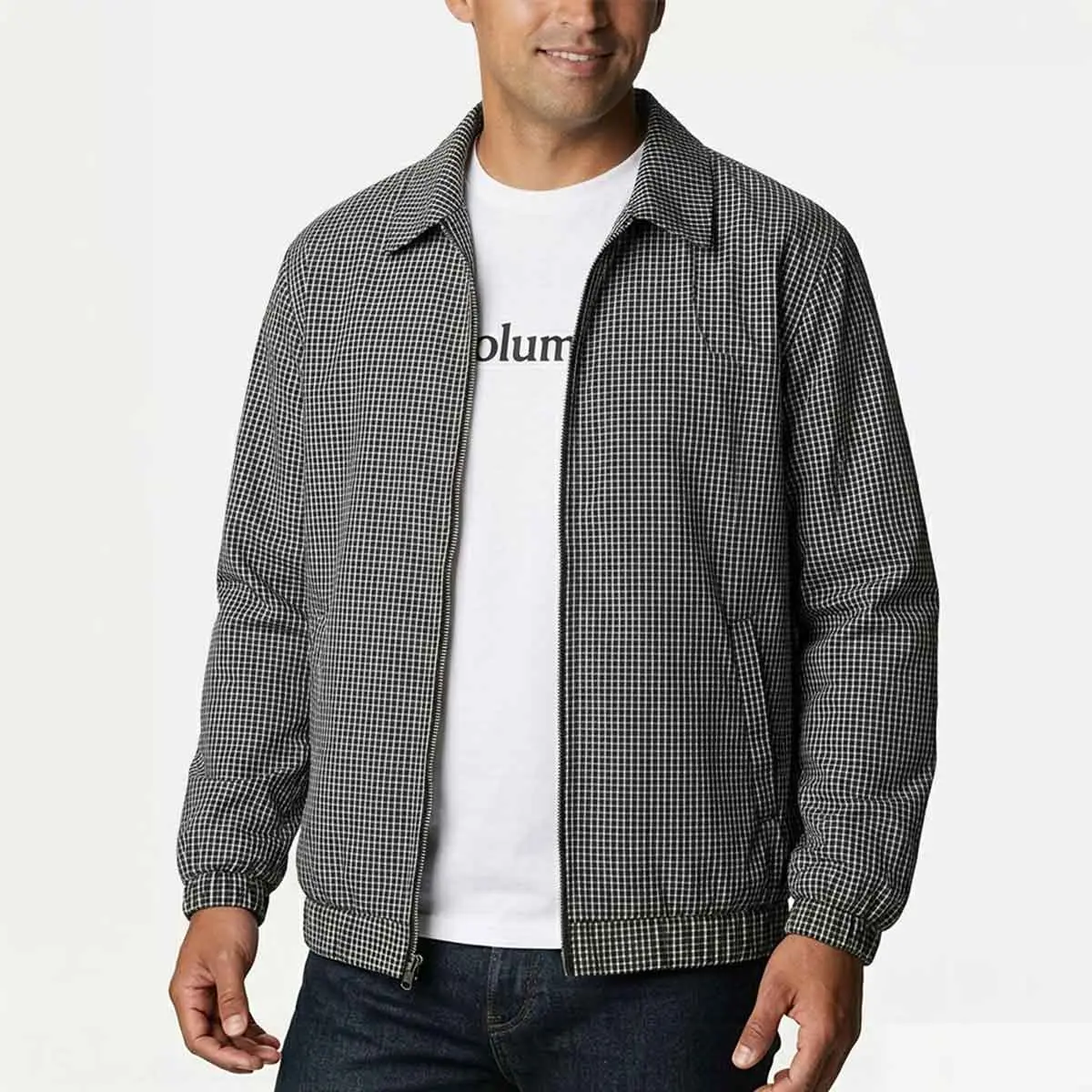 Men's Mini Grid Checkered Lapel Zip Up Menswear Top Longsleeves Lightweight Jacket, Black White Plaid Windbreaker with Side Pockets, Elastic Hem Loose Fit Casual Outerwear, Street Wear for Daily Commute Spring Autumn