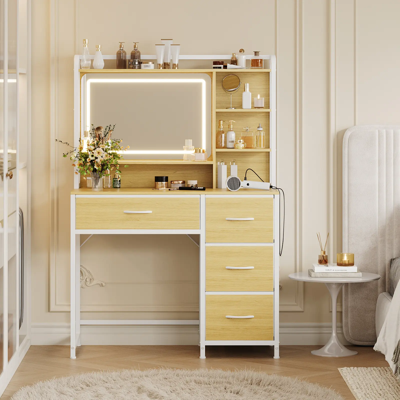 【Summer Sale】Modern Vanity Desk with LED Lighted Mirror, 35.4" Makeup Table for Bedroom - 3 Lighting Modes - 4 Fabric Drawers & Shelves - Compact Vanity with Mirror and Lights