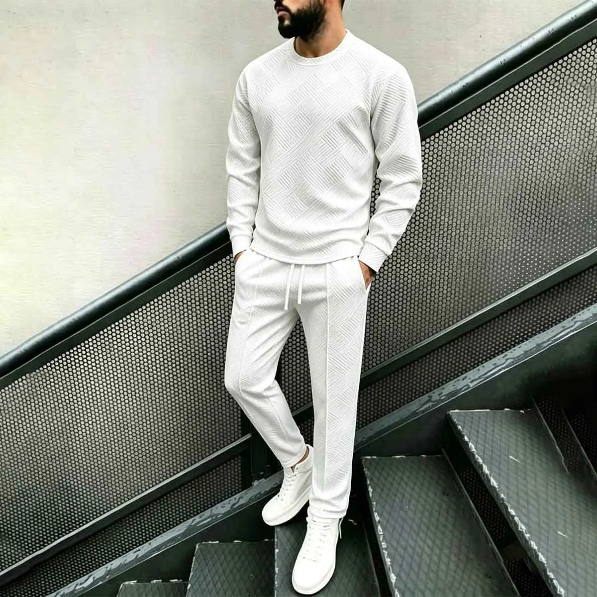 Men's 2-Piece Diagonal Textured Crew Neck Tracksuit Set - Menswear, Plain White Long-Sleeve Polyester Blend Pullover Sweatshirt & Drawstring Cropped Straight Leg Pants, Casual Daily Street Outfit, Longsleeves
