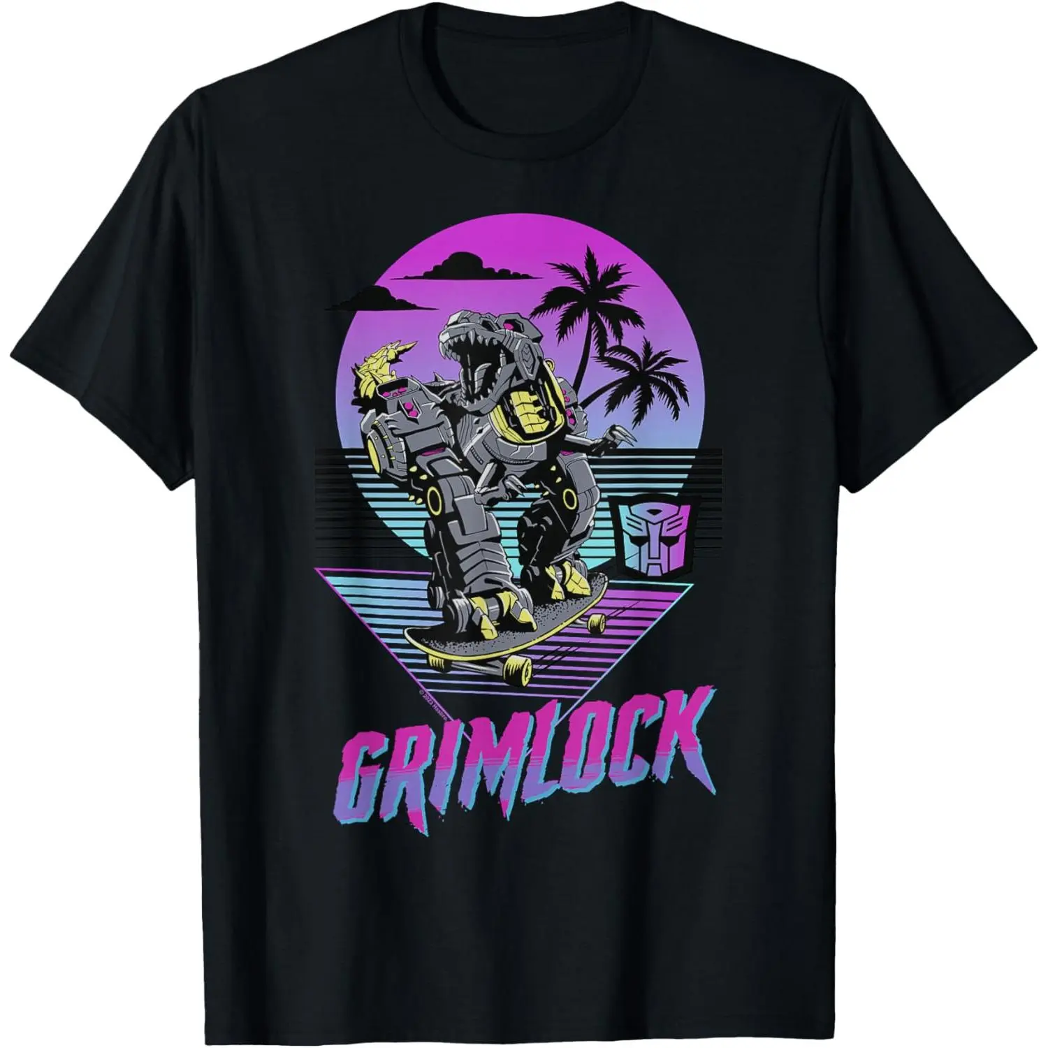 Men's Oversized Novelty Transformers Grimlock Dinobot Print T-Shirt - Breathable Soft Pre-Shrunk Black Cotton, Round Neck, Loose Fit, Retro Vaporwave Purple-Cyan Sunset Palm Tree Grid Art, Autobot Logo, Outdoor Casual Street Style, Up To 5 Sizes, Hallowee