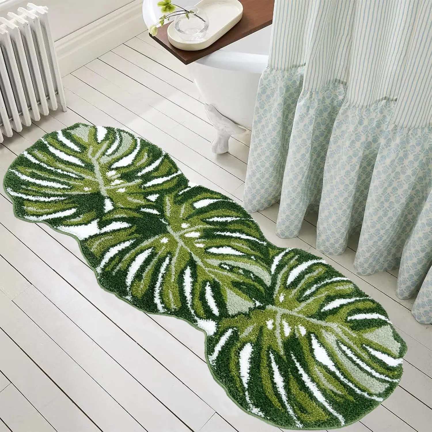 Green Bathroom Runner Rug - Leaf Long Bath Mat Tropical Monstera Bath Rugs Non Slip Washable Bathrug for Bathroom Floor, Cute Restroom Rug, Plant Absorbent Bathmat Botanical Home Decor 24" x 60"