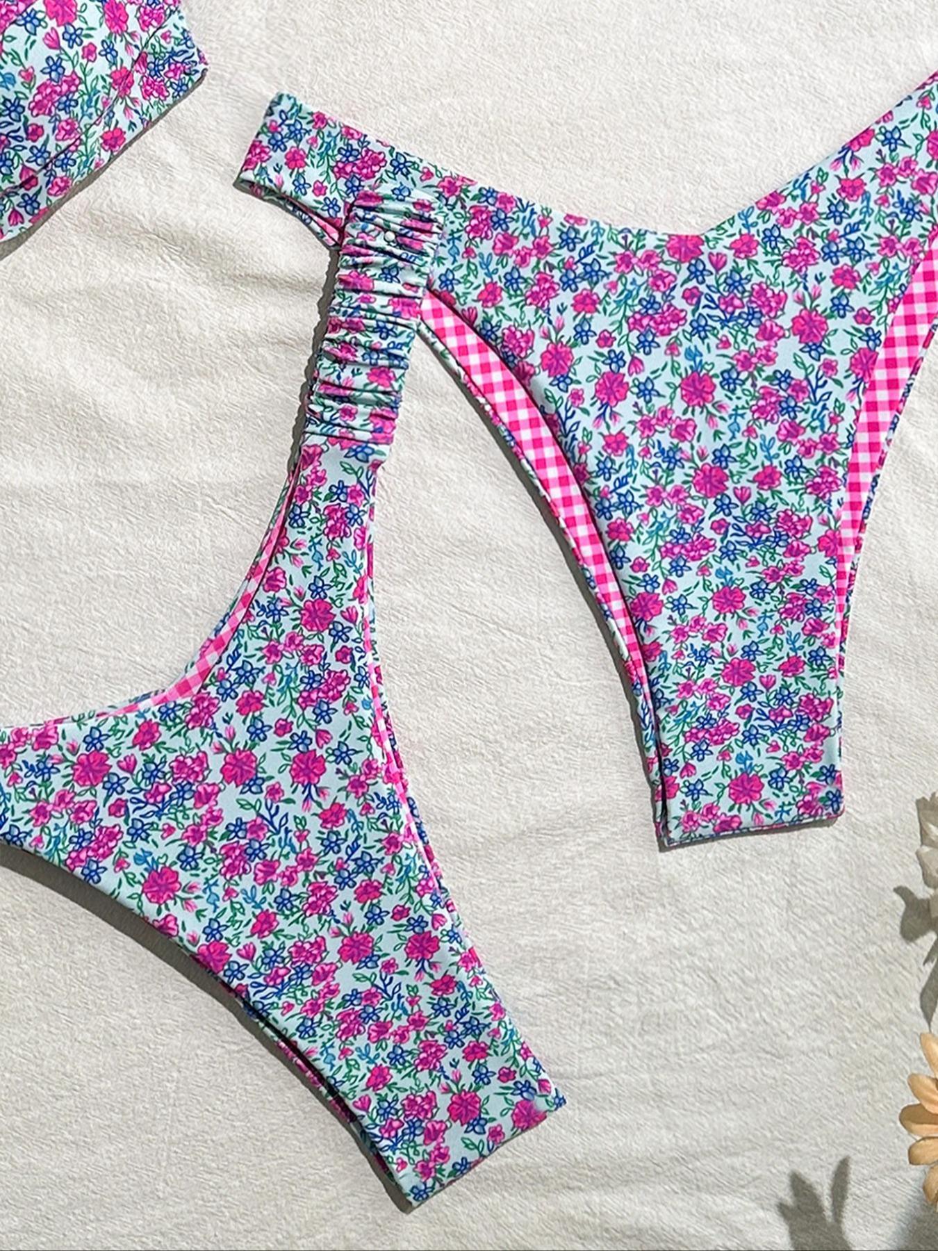 Women's Ditsy Floral Print Brazilian Swimsuits, Boho Fashion Ruched O-ring Tube Swim Bra & Swim Floral Bikini Top & High Cut Swim Floral Bikini Bottom Set, Ladies Swimsuit for Beach Holiday Vacation, Bikinis Sets, Bandeau Bathing Suit