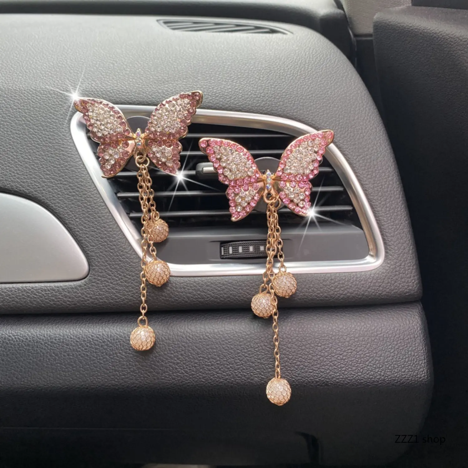 Bling Pink Butterfly Car Air Freshener Vent Clip Rhinestone Tassel Aromatherapy Diffuser Automotive Interior Air Outlet Decor Gift for Women Girls