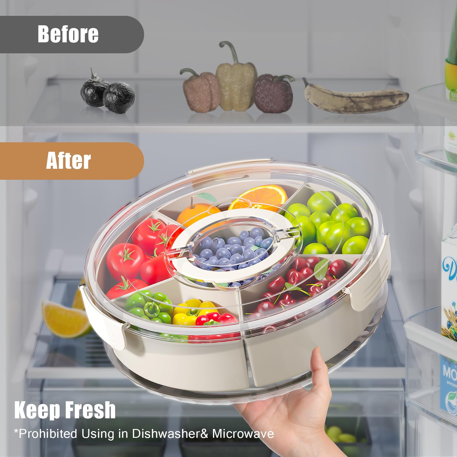 Rotating Snack Tray with Lid & Handle, 1 Count Clear Snack Organizer, Snack Storage Box for Fruits & Vegetable & Nuts