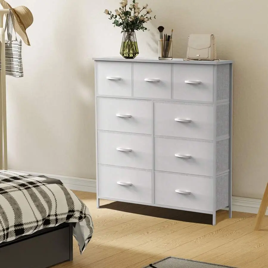 Dresser Bedroom With 9 Drawers Chest Tower With Easy Pull Bins, TV Stand Organizer Storage Living Room Closet Hallway, Wooden Top Sturdy Steel Frame Back To School Dormitory Storage