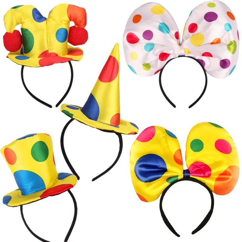 Colorful Clown Headdress Yellow Colored Dots Bow Headwear Circus Performance Props Funny Joker Hats Makeup Party Decorations
