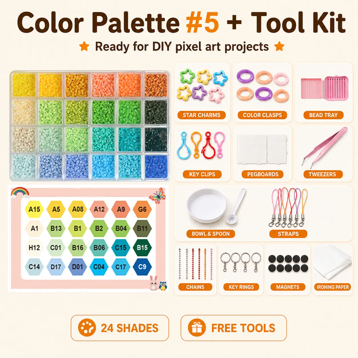 PomCraft Palette #5 Cool Tone Mini Fuse Beads Set, Blue Green 2.6mm Pixel Beads with Tool Kit for Ocean, Sky, Nature, and DIY