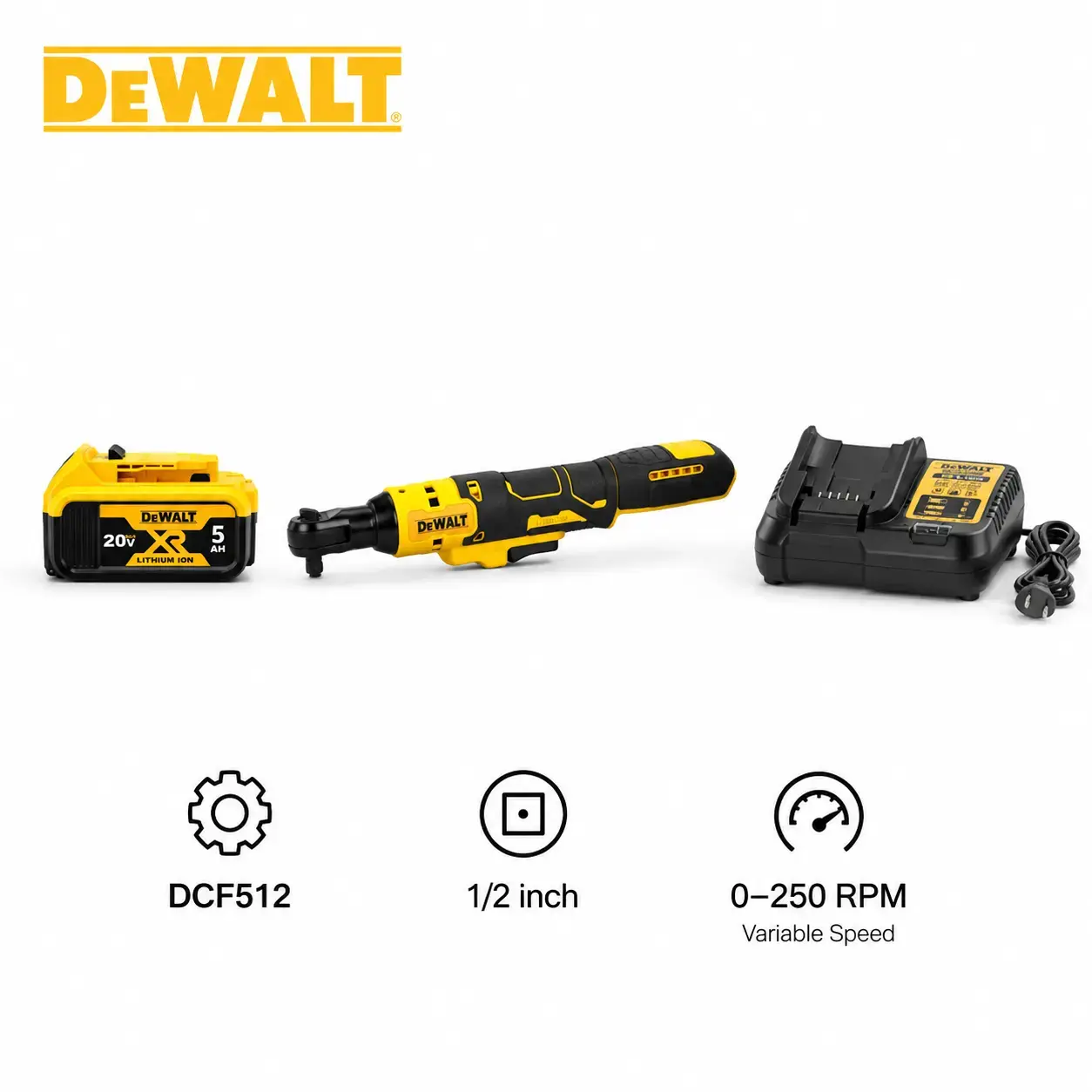 DEWALT DCF512 20V MAX Brushless Cordless Ratchet Wrench (1/2-Inch Drive, 250 RPM, 70 Ft-Lbs Max Torque) for Mechanic Automotive Repair, Tight Spaces, Tools for Mechanics (Batteries Sold Separately, Variable Speed, LED Light, Ball Detent)