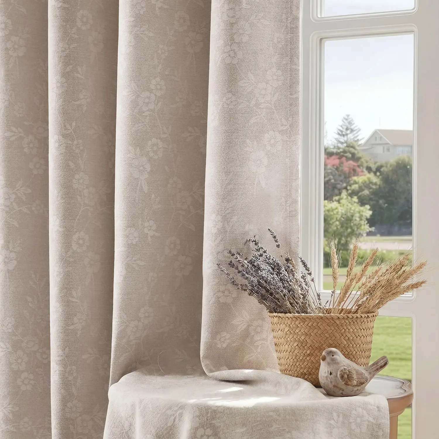 Beige Floral Jacquard Blackout Curtains for Bedroom 52x84 2 Panels | Chenille Flower Room Darkening Drapes for Living Room Thermal Insulated 84 Inch Long Soundproof Window  Grommet
