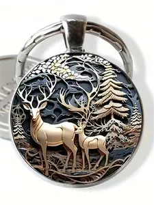 1 PC Fashion DIY Keychain with Reindeer Pattern, Round Glass Keychain for Car Decoration, Perfect Gift for Men and Women