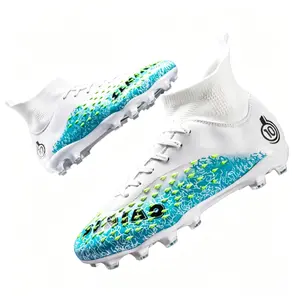 White & Cyan Gradient Textured-Spike Vamp High-Ankle FG Football Cleats | Stretch-Knit Slip-On Collar, Durable Transparent Studs for Athletic Training Sneakers