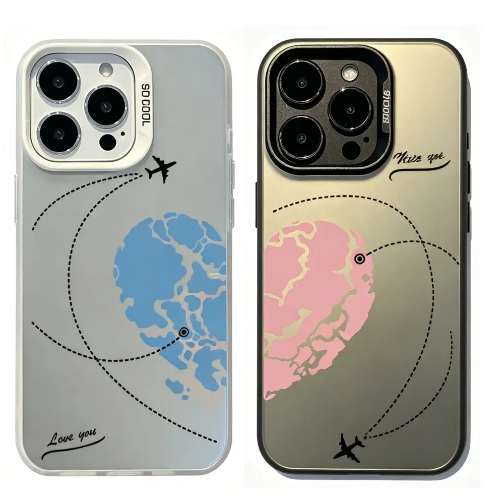 Trending Aesthetic BFF Matching Smartphone Casing for iPhone 17 Air,16 Pro Max,15,14 Plus,13,12,11 - Blue/Pink Heart,World Map,Flight Path Print - Shockproof Handheld Cellphone Devices Case,Ideal Birthday Gift