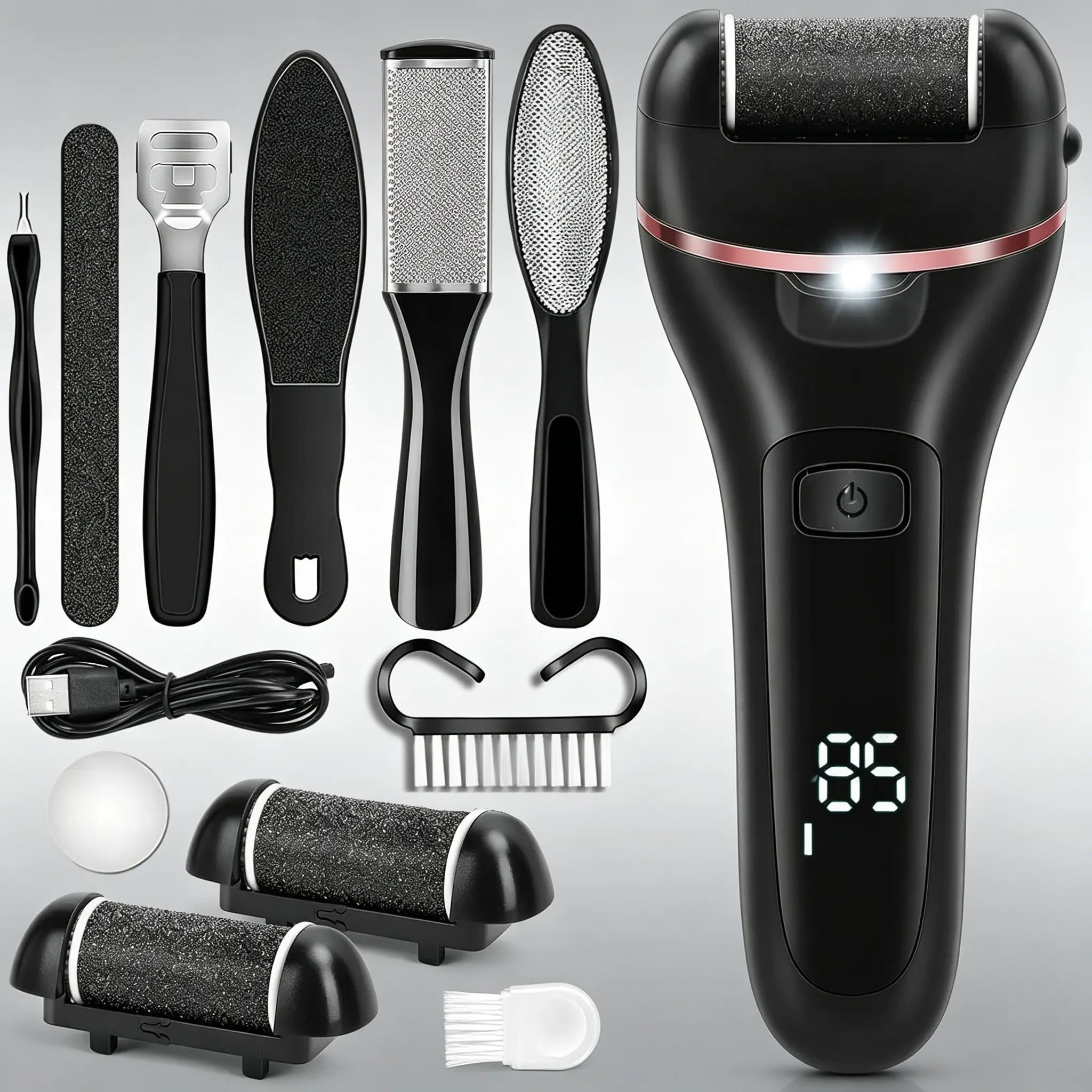 13-Piece Electric Cordless Pedi Kit with LED Battery Display, 3 Replaceable Heads, 2 Speed Settings, Professional Salon Foot Care for Men and Women