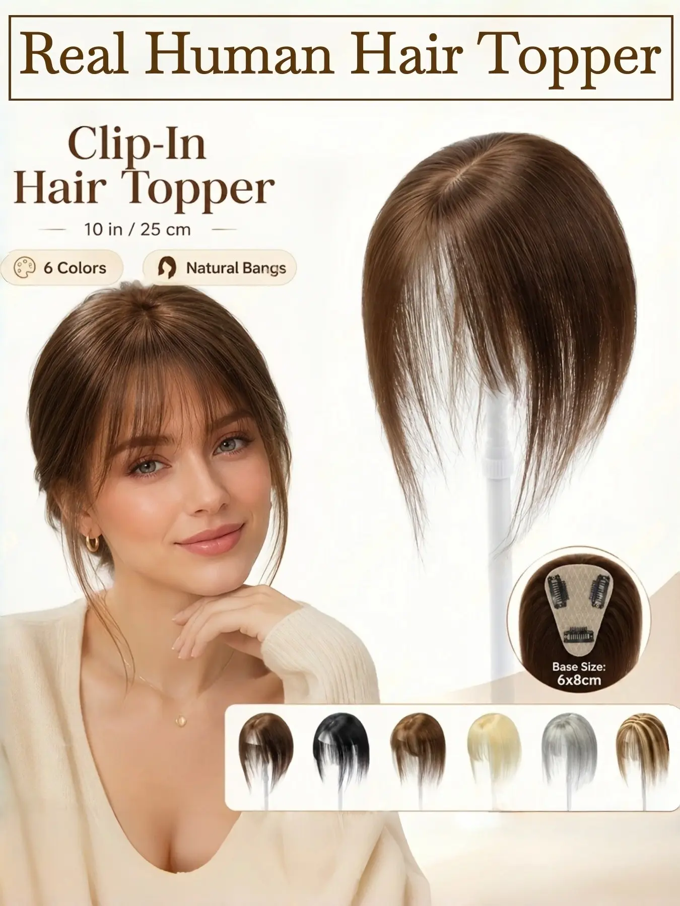 Real Human Hair Topper, Glueless Human Hair, 6*8cm Lace Net, Ultra-Thin Breathable Base, Invisible Clip-In Hairpiece, Natural Look for Weddings/parties/daily Use