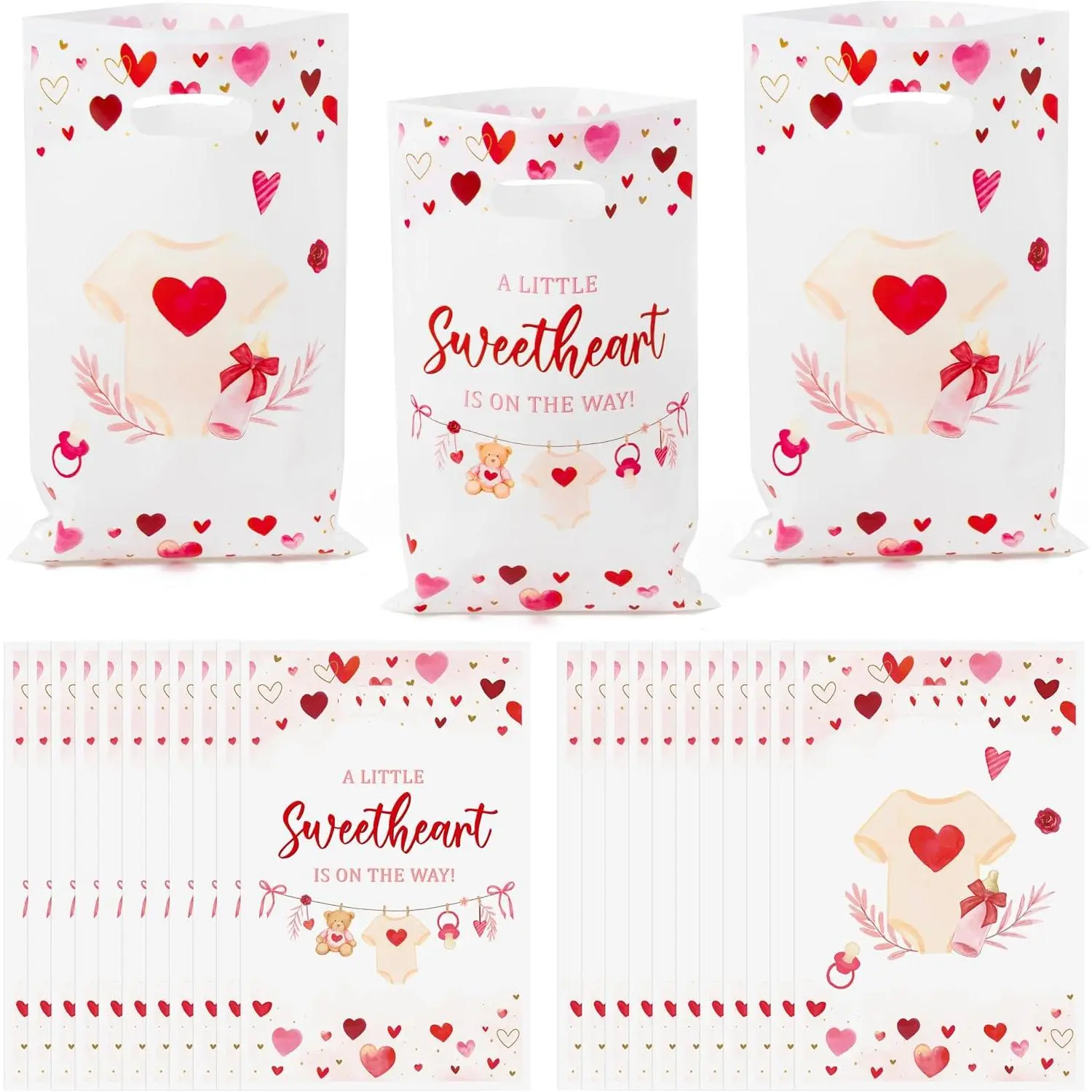 Shower Party Favor Bag - 50 count Sweet Heart Plastic Goodie Red Love Heart Candy  Bag with Handle  Wrap Decor for  Shower Girl  Birthday  Wrap Decoration Party Favor