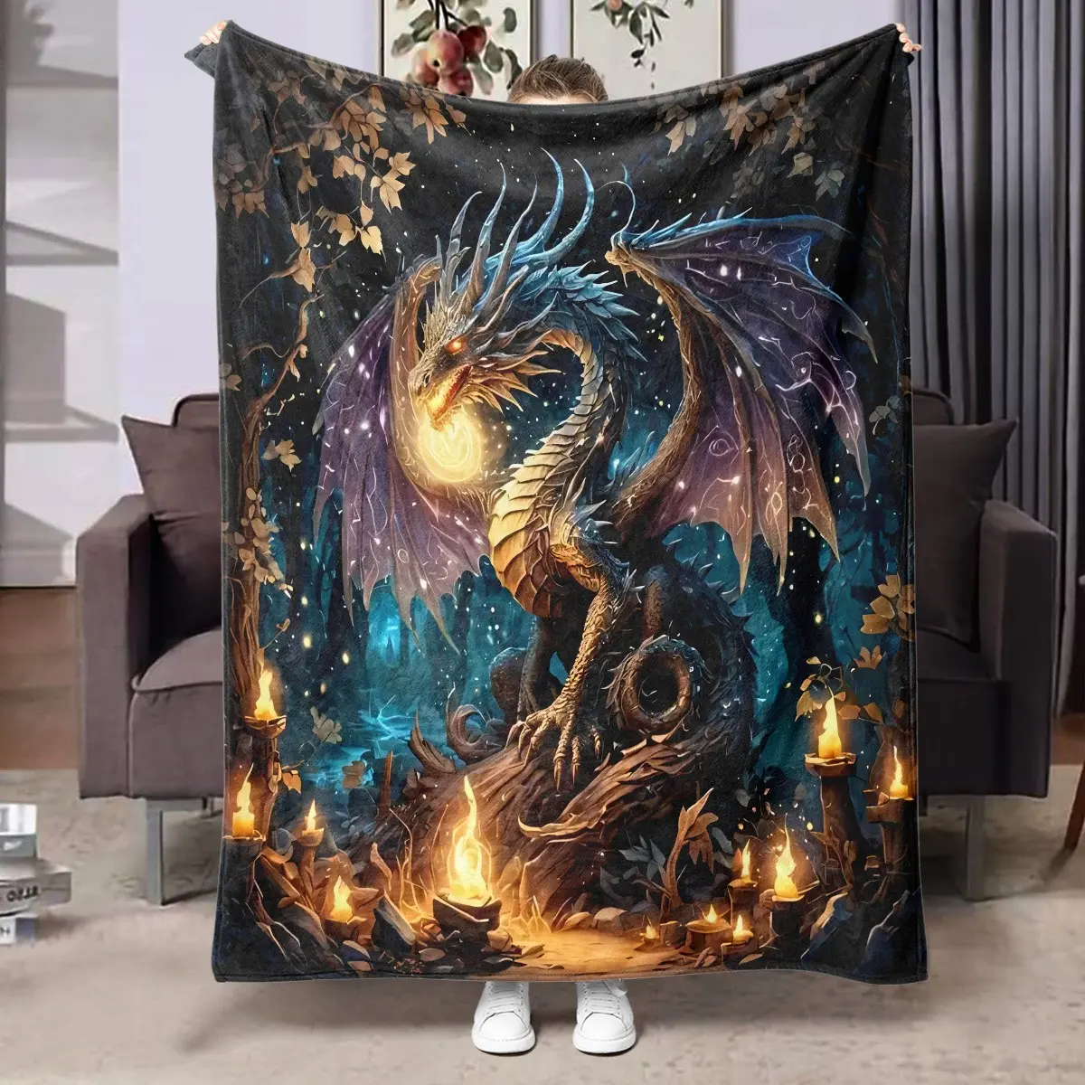 1pc Dark Forest Magic Dragon Fleece Blanket, Fantasy Ice Gold Dragon, Candlelight Woods, Starry Magic Print. Soft Warm Multi-use Throw for Sofa, Bed, Office, Camping, Ideal Christmas Gift.