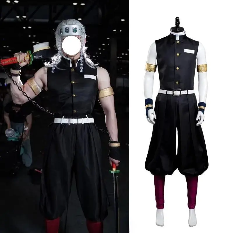 Anime Cosplay Uzui Tengen Costume Black Top Pants with Accessories Full Set for Men Halloween Carnival Party