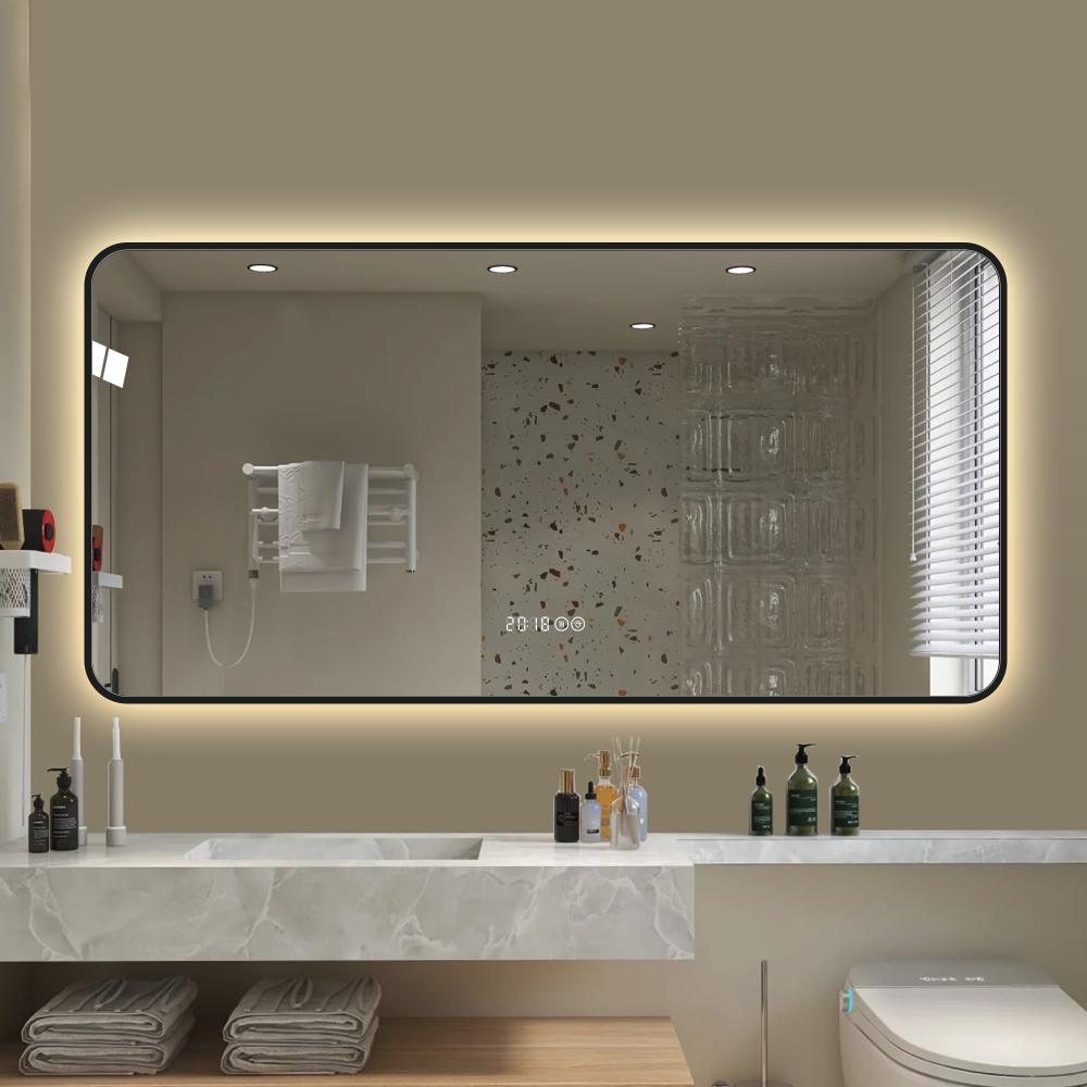48*24-inch LED black rounded-corner frame bathroom mirror with temperature display, three-color lighting, defog function, premium aluminum frame, and high-definition tempered glass.