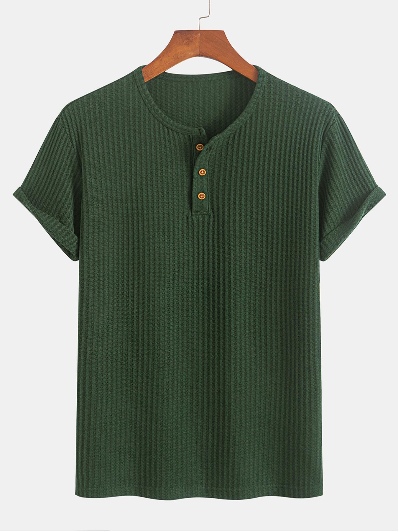 Men's Solid Knit Henley Curved Hem Tee, Regular Fit Casual Short Sleeve T-shirt for Summer, Men's Top for Daily Wear