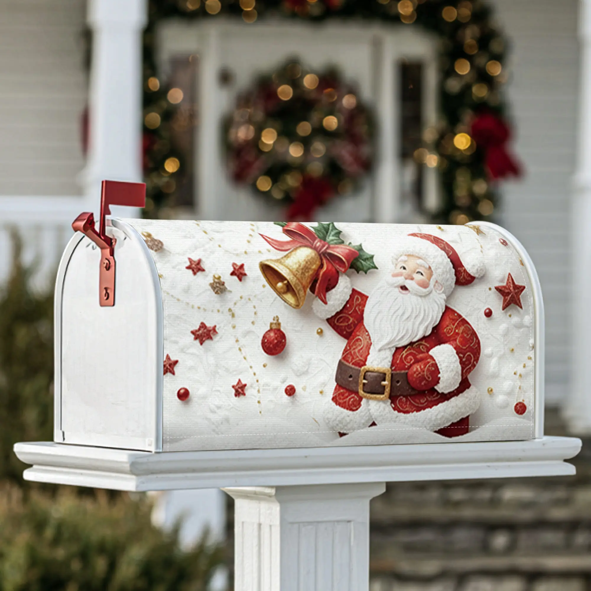 Santa Claus Magnetic Mailbox Covers, Christmas festive bell ornaments Christmas red Holiday Mailbox Cover for Front Porch Decor