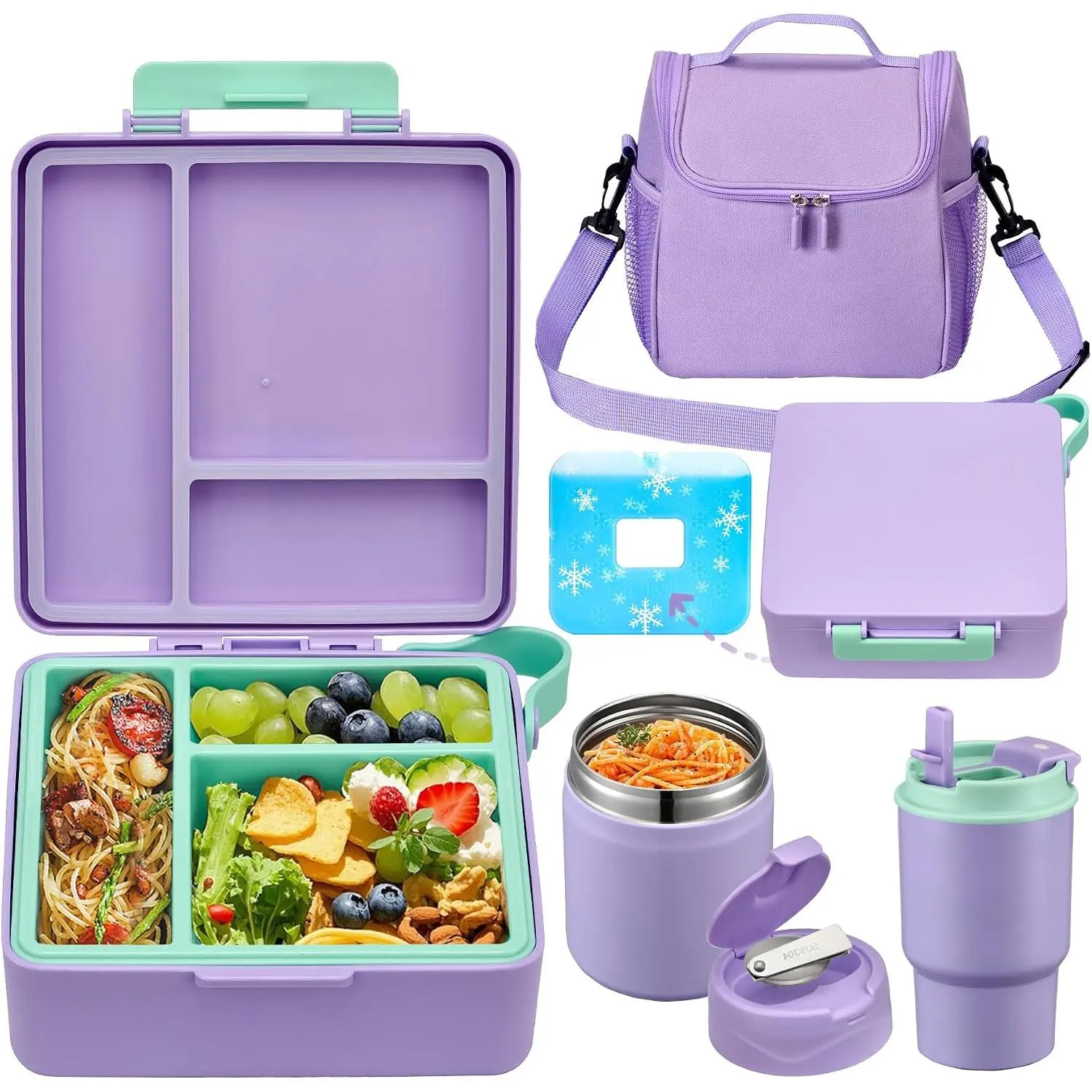 Bento Lunch Box for  with 17oz Soup Thermo,Insulated Tumbler Water Bottle and Insulated Lunch Bag,Leak-Proof 3 Compartment Lunch  Container with Ice Pack for  to School-