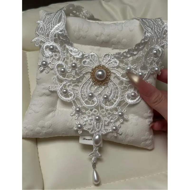 Lolita White Elegant Lace Vintage Palace-Style Pearl Choker Necklace, Cross Necklace with Other Pendant, Costume Jewelry Accessory, Adjustable Size, Cross Charm, Female Wear