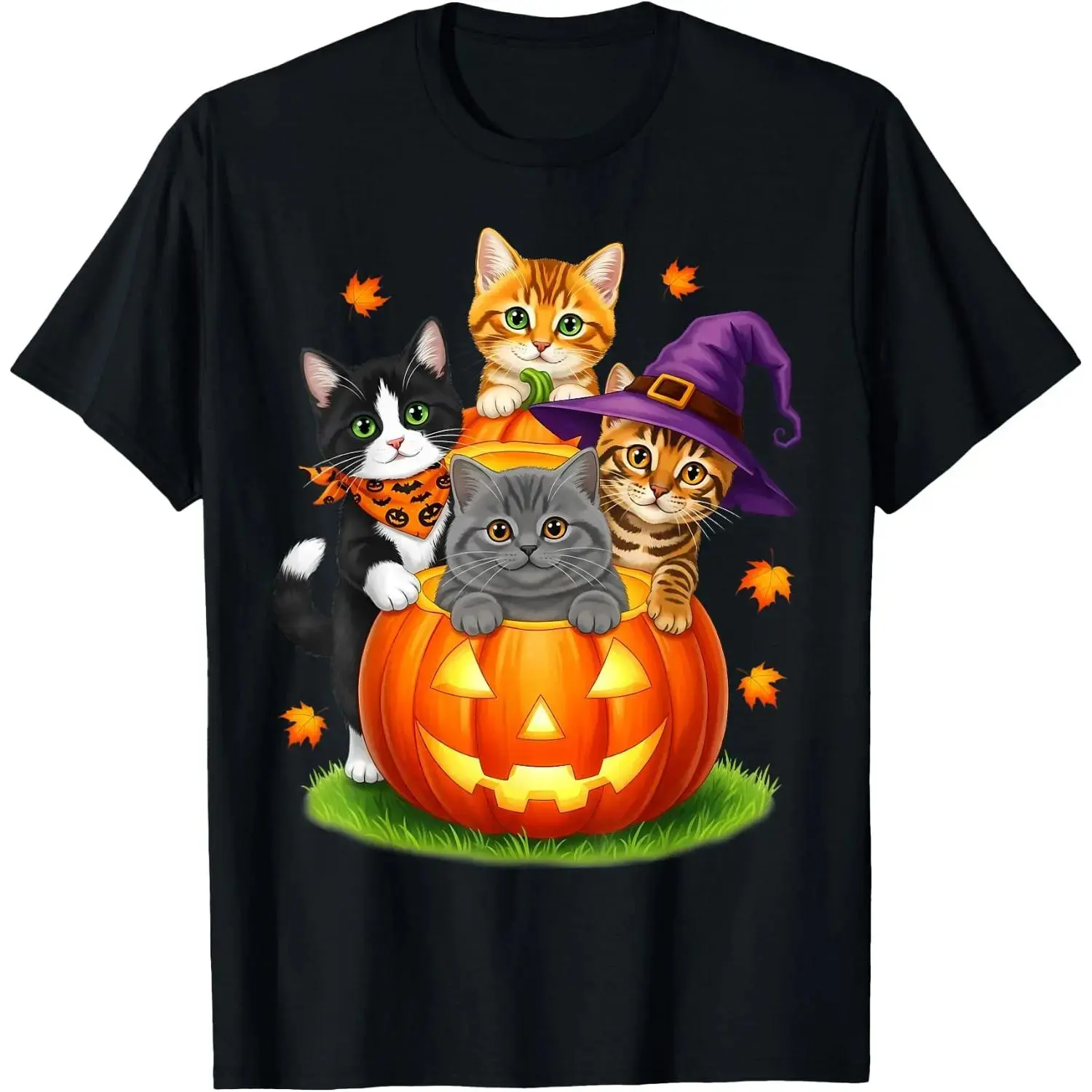 Cute Halloween Cats and Pumpkin Graphic T-Shirt, Spooky Kittens Witch Hat Jack O Lantern Tee, Cat Lover Unisex Black Shirt for Fall