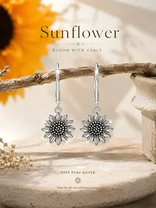 Women's Vintage Boho S925 Silver Sunflower Earrings, Fashion Lightweight Dangle Ear Hooks, All-Season Jewelry, Hypoallergenic Gift