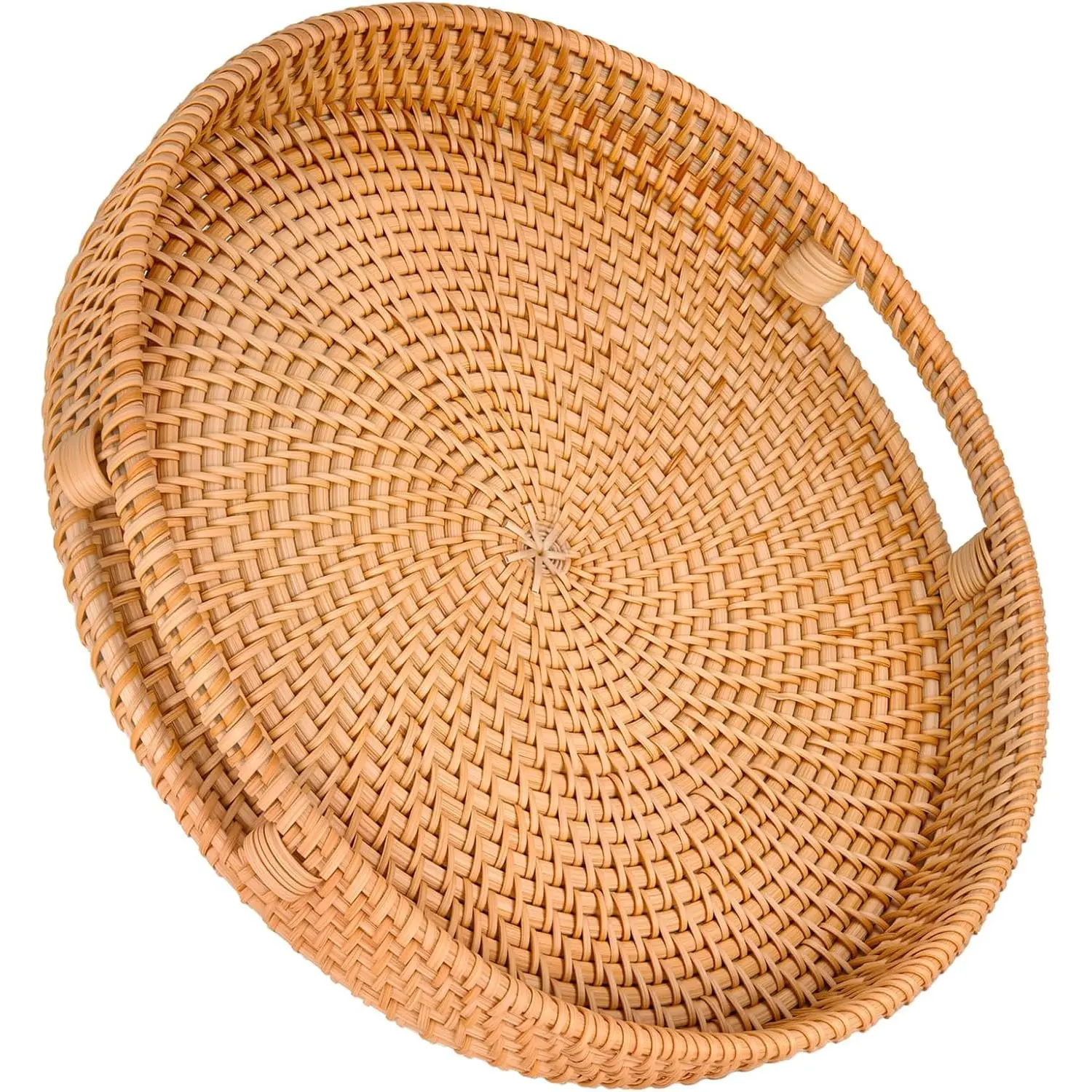 GDDGHS Round Rattan Tray 13.8 Inch, Round Wicker Serving Tray with Handles, Rustic Basket Trays for Coffee Table, Decorative Ottoman Trays for Living Room Farmhouse Home Decor & Storage