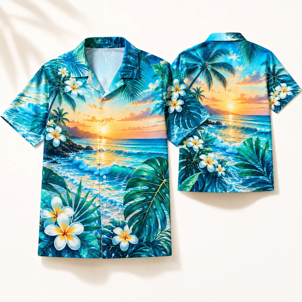 Tropical Hawaiian Shirt for Men, Beach Sunset Ocean Palm Tree Floral Button Down Shirt, Aloha Vacation Short Sleeve Summer Beach Shirt, Island Resort Luau Cruise Casual Camp Shirt, Blue Plumeria Print Top for Vacation