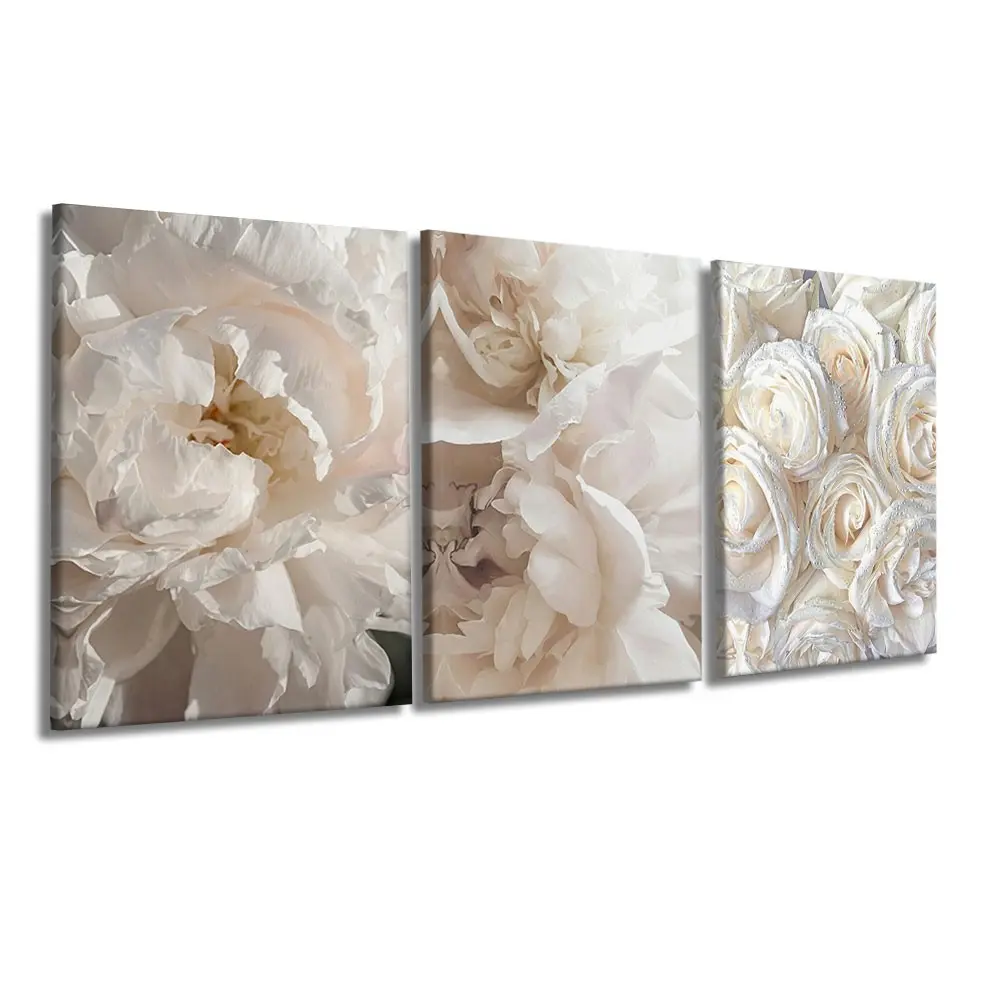 3-Panel Framed Canvas Wall Art, Cream White Peony And Rose Floral Close-Up Canvas Print, Soft Neutral Flower Wall Decor For Bedroom, Living Room, Modern Aesthetic Home Art