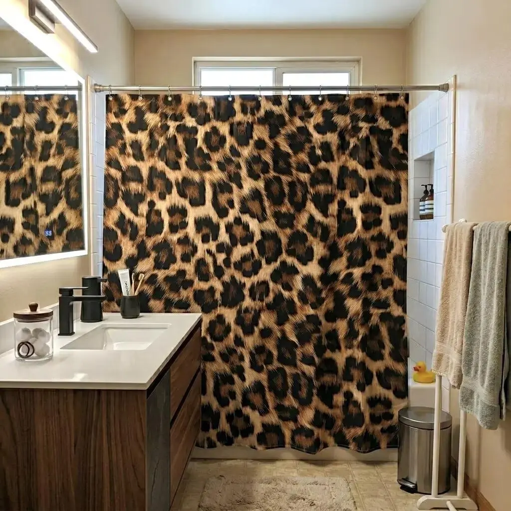 1/4 pcs leopard print shower curtain set, non-slip floor mat, U-shaped carpet, toilet lid cover, perfect for bathroom and Restroom decoration, partition, beautify the space, free 12/24 shower curtain hooks, Bathroom Decoration Accessories