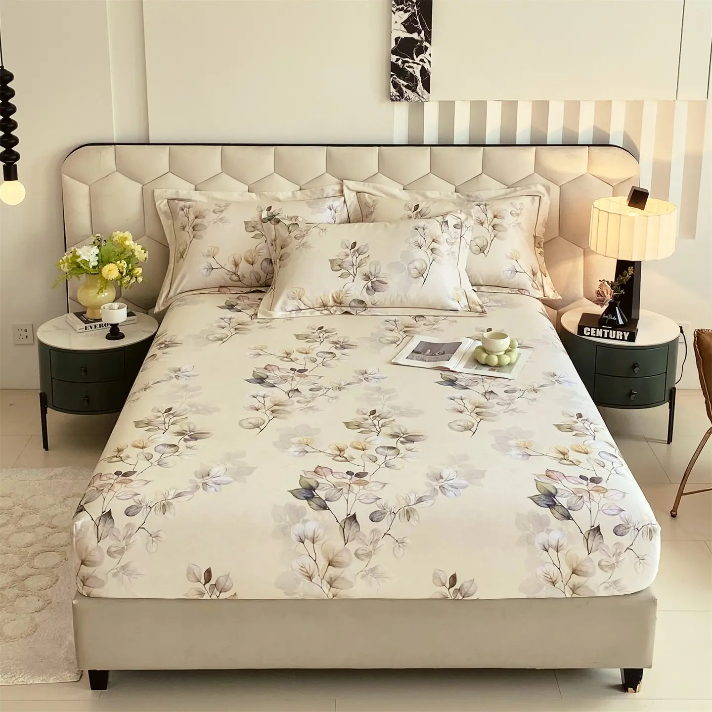3pcs Plant Leaf Bed Sheet Set, Includes 1 Mattress Cover + 2 Pillowcases, Soft Breathable Fabric, Dustproof & Non-Slip