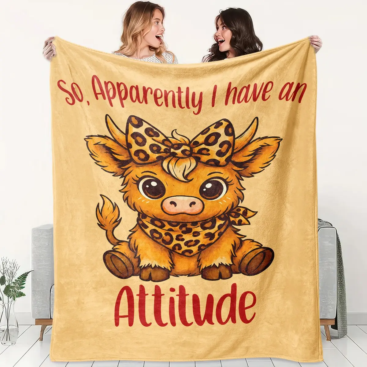 1PC Highland Cow With Leopard Bow Attitude Slogan Fleece Throw Blanket, Caramel Background Cute Fluffy Cow Cartoon Print, Warm Cozy Blanket for Sofa Bed Office Camping, Fun Birthday Christmas Gift