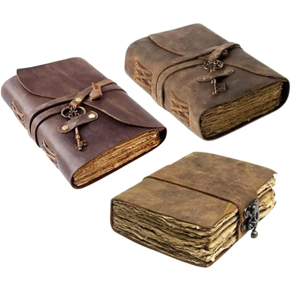 Leather Journal Lined Pages with Key 7x5 Bundle With  Leather Journal With Lock and Antique  Deckled  Journal With Key