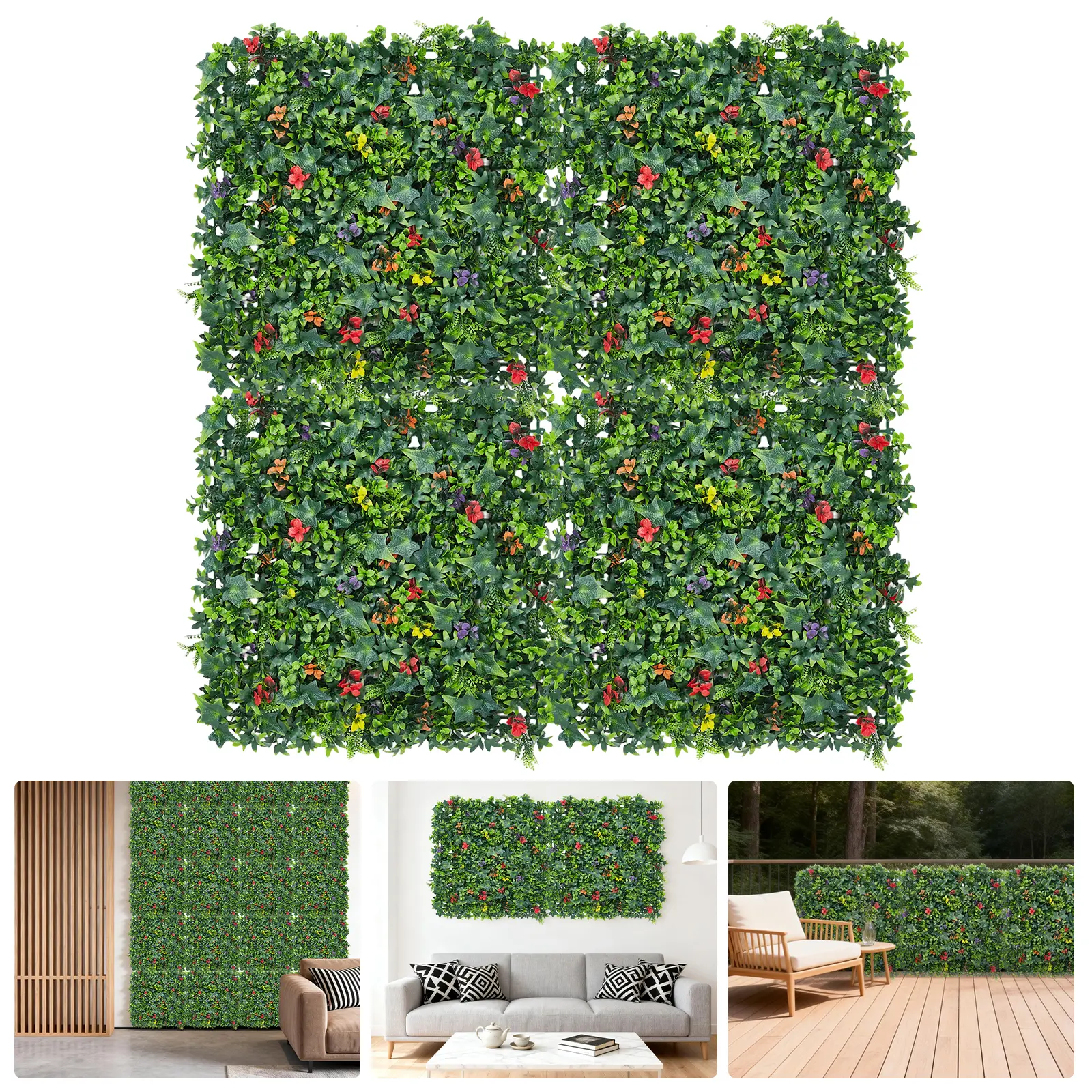 4PC Artificial Greenery Wall Panels with Mixed Foliage, UV-Resistant Faux Grass Hedge Privacy Screen