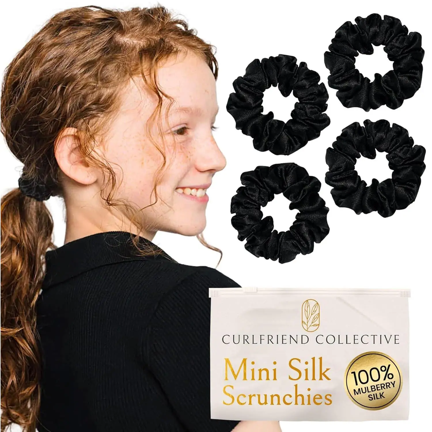 Mini Mulberry Silk Scrunchies for Women, Onyx Black, 4 Pack | Anti-Breakage Small Hair Ties for Fine, Curly & Thin Hair, No Dent, No Slip, Buns & Ponytail