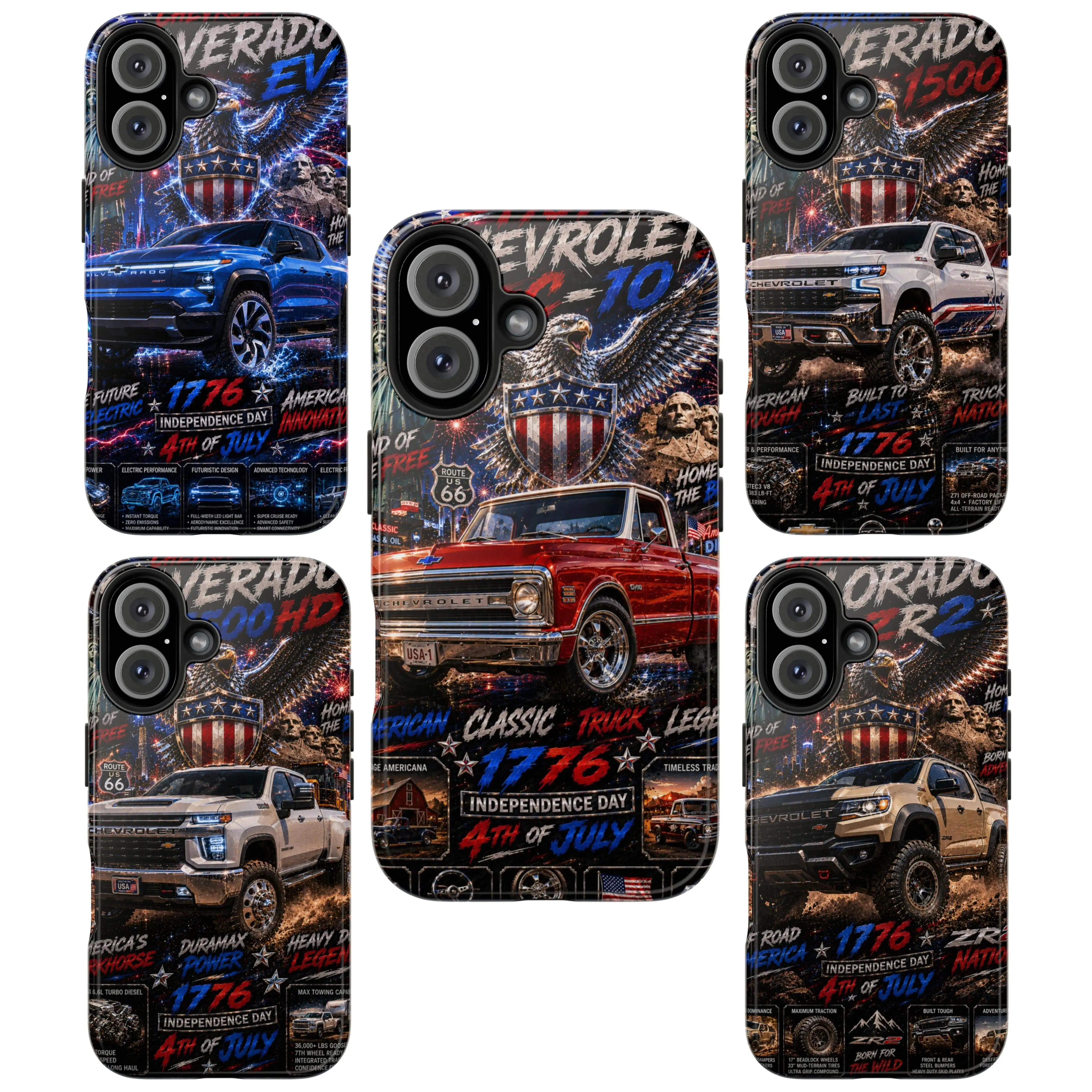 American Truck Tough Phone Case, Chevrolet Silverado C10 Classic Pickup Patriotic Eagle Shield Artwork, USA Freedom 1776 Independence Day Protective Cover Suitable for iPhone 17-11 Pro Max/Plus and  Samsung Galaxy S23-25