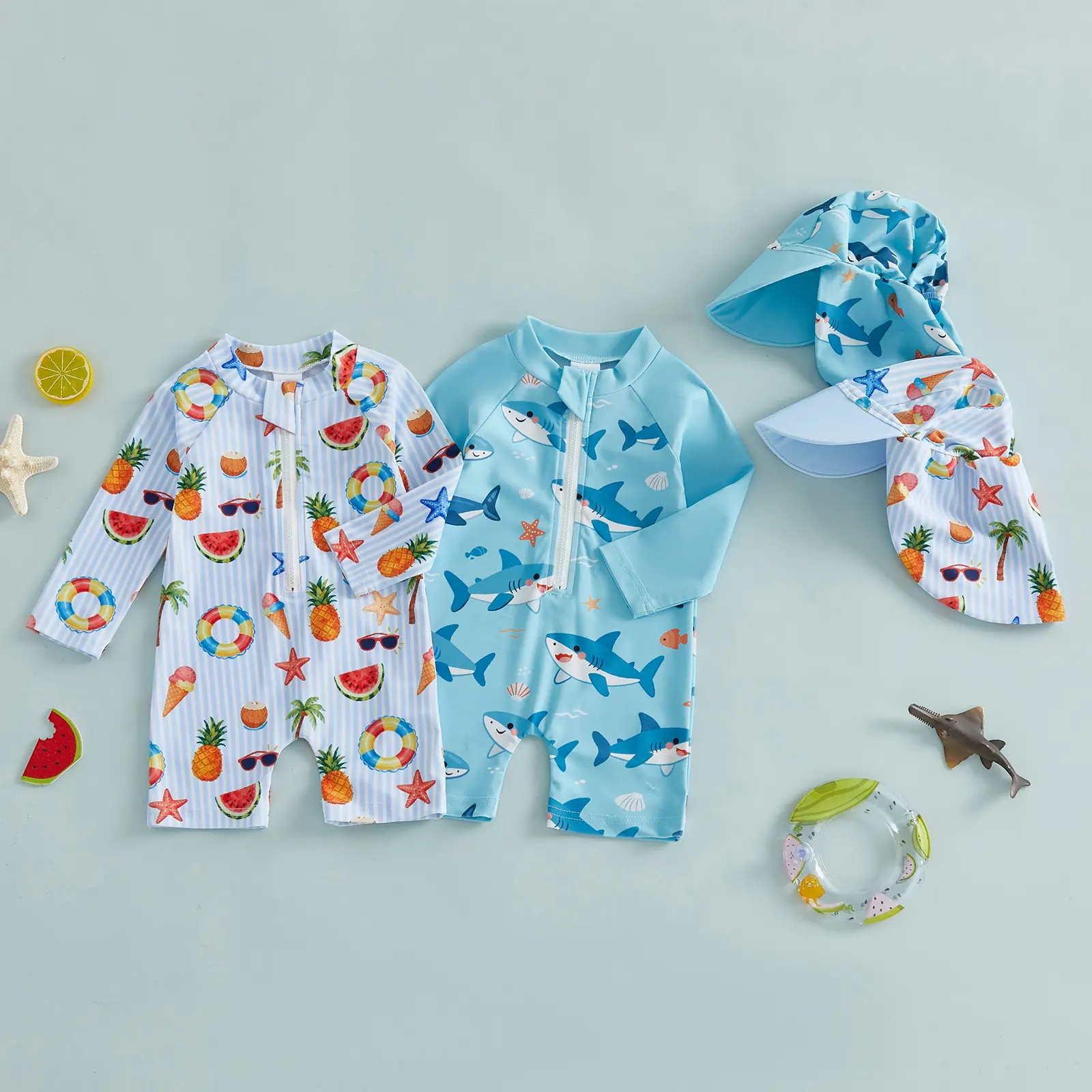 Toddler Boy Swimsuit 2 Pcs Set Adorable Fruit Palm Tree Print Long Sleeve Round Neck Rash Guard Swimwear and Sun Hat