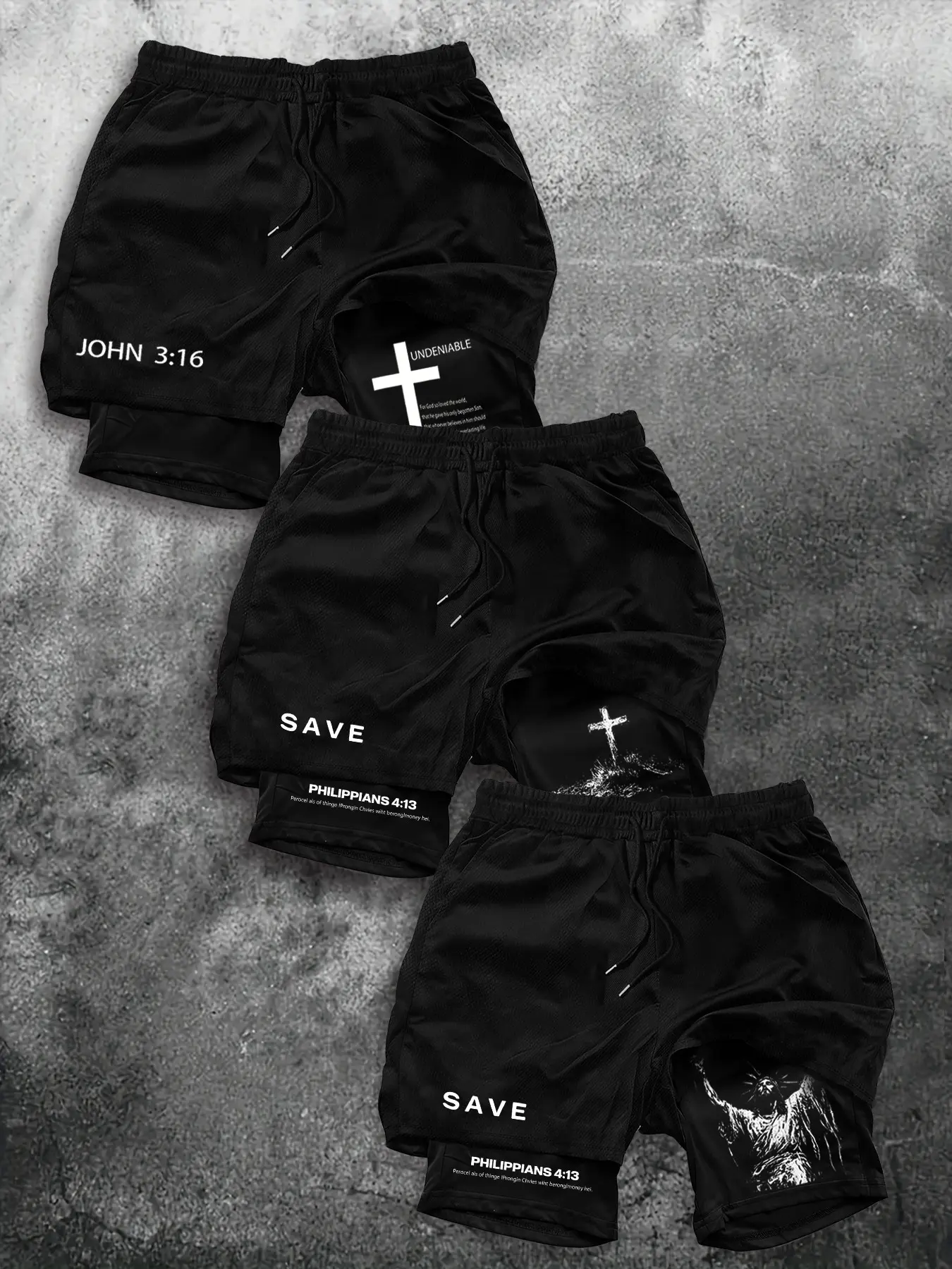Summer Trend Cross Faith Fake Two-Piece Sport Shorts, Athletic Wear Shorts, Lightweight Summer Shorts, Dark Aesthetic Design, 3-Pack, Multiple Styles and Colors, Casual Sports Wear, Casual Athleisure Shorts