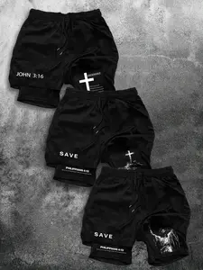 Summer Trend Cross Faith Fake Two-Piece Sport Shorts, Dark Aesthetic Design, 3-Pack, Multiple Styles and Colors, Casual Sports Wear