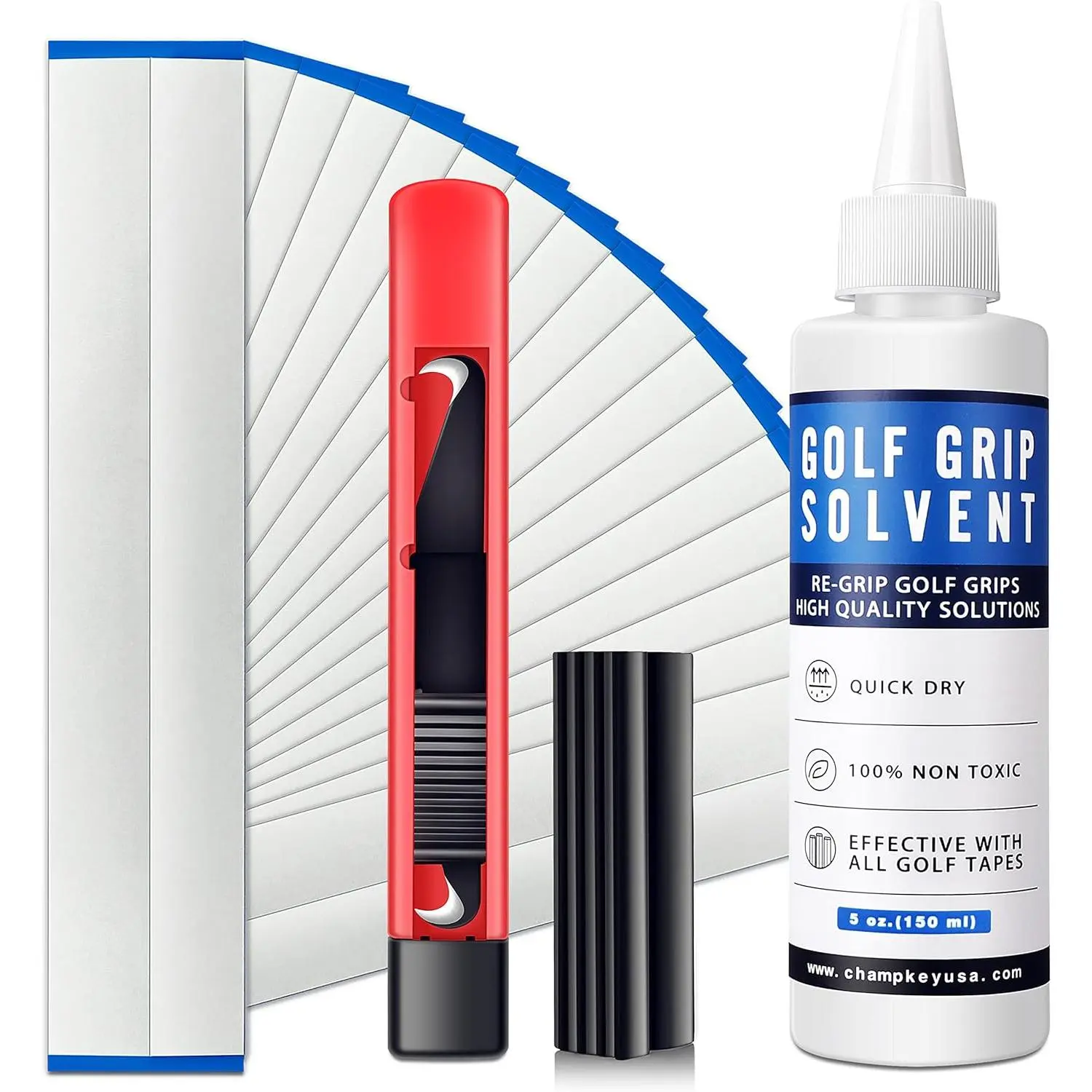 Deluxe Golf Club Regripping Repair Kit - High-Strength Zinc Alloy Hook Knife, 2"x10" Professional Double Sided Tape, 5 oz Non-Toxic Lemon Scent Solvent, Rubber Vise Clamp for Golf Repair