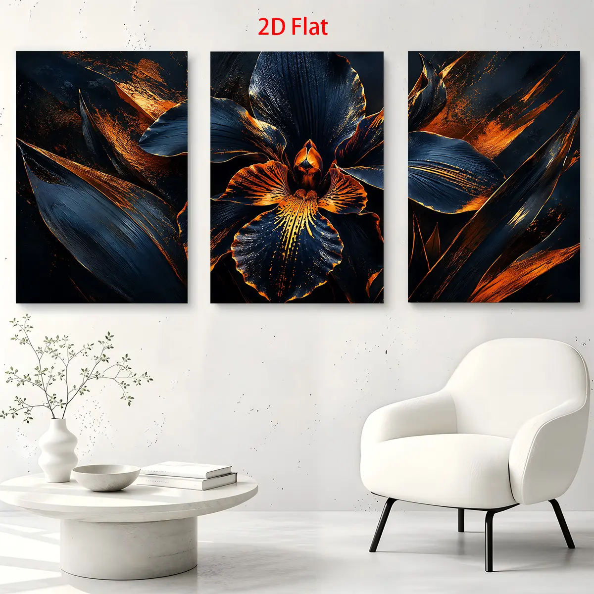 Wall Art Aesthetic DecorAesthetic Room Decor 3-Piece 2D Flat Paintings - Three 2D flat paintings, deep blue and gold floral pattern canvas wall art, waterproof canvas prints, ready to hang, home room decoration gift, suitable for Father's Day,
