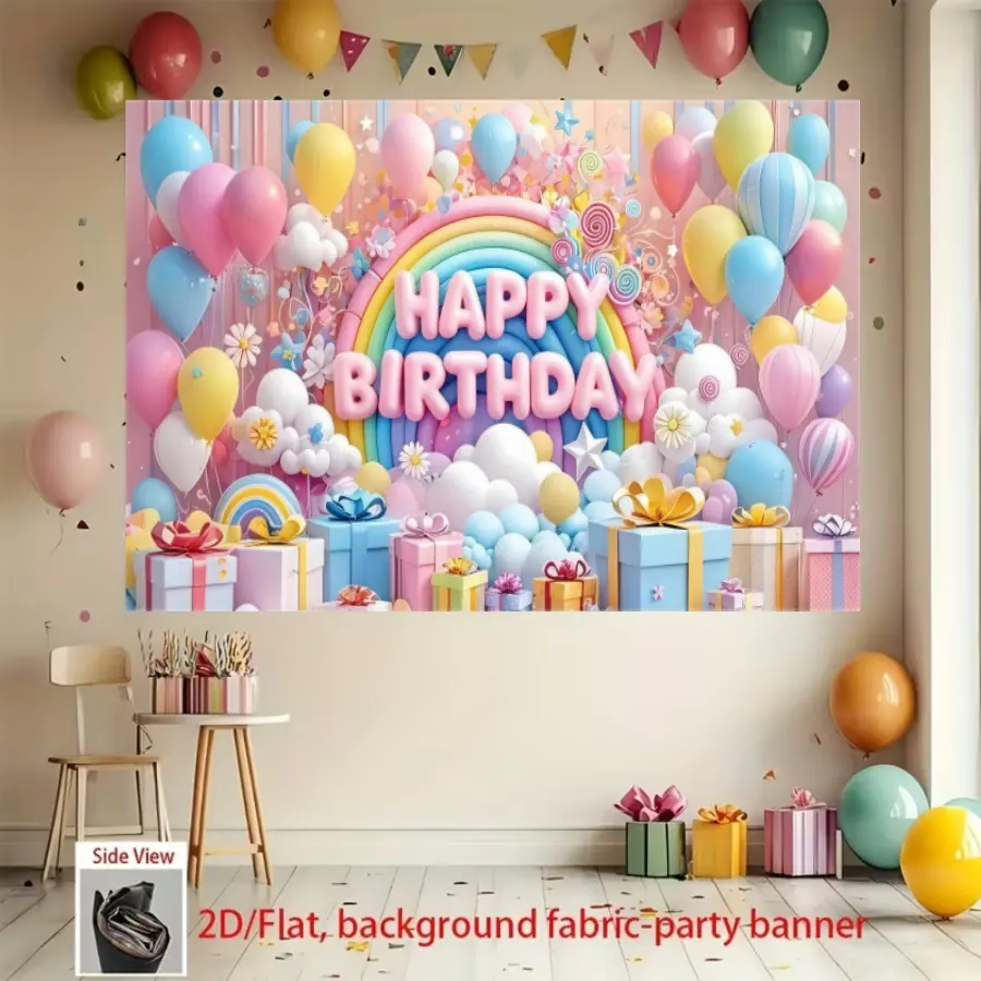 Cute rainbow balloon background banner, made of polyester fabric. Featuring rainbows, balloons, and clouds, suitable for living rooms, bedrooms, offices, birthdays, anniversaries, home decor, outdoor and indoor parties, photography backdrops