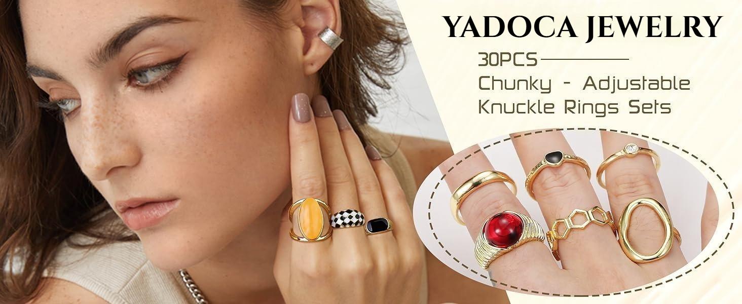 YADOCA 30Pcs 18K Plated Gold Chunky Rings for Women Chunky Twisted Signet Rings Stackable Knuckle Midi Ring Adjustable Open Ring Sets