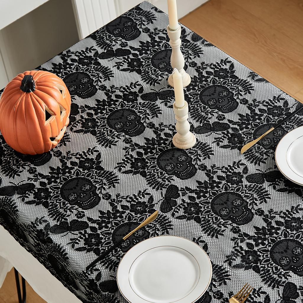 Skull & Floral Pattern Lace Tablecloth, Durable, Easy Maintenance, 1 Count Rectangular Tablecloth, Table Decoration Supplies for Home Kitchen Dining Room Party, Halloween, Table Setting